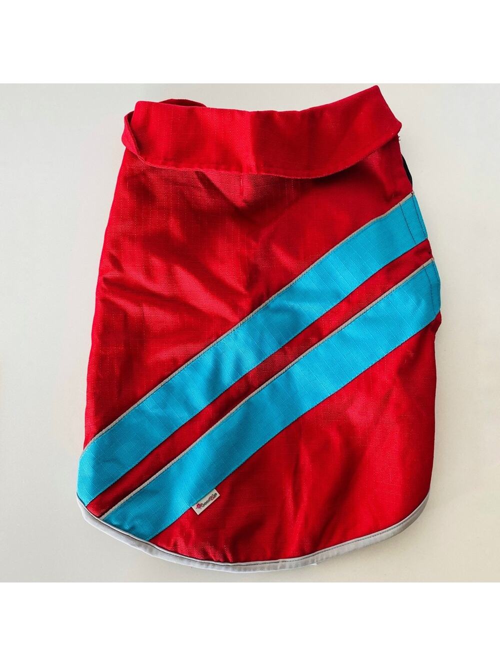 Red Blue Striped Grey Hook Loop Rain Coat Jacket Lined Leash Hole Dog Puppy